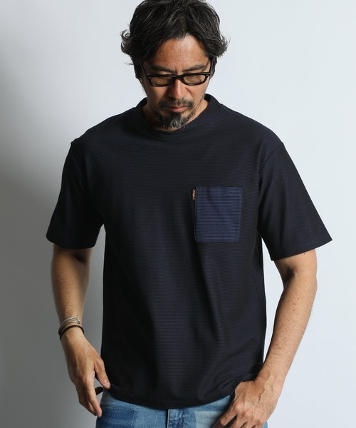 The DUFFER of ST.GEORGE(ザダファーオブセントジョージ)の「COOLMAX HONEYCOMB BORDER TEE:クールマックス ハニカムボーダー ポケットTシャツ / 吸水速乾 / モックネック / ドライタッチ / 鹿の子 / 夏Tシャツ(Tシャツ/カットソー・メンズ・ネイビー/ブラック・MEDIUM/X-LARGE/LARGE)」の7枚目の写真