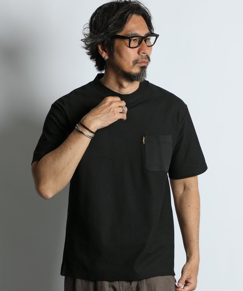 The DUFFER of ST.GEORGE(ザダファーオブセントジョージ)の「COOLMAX HONEYCOMB BORDER TEE:クールマックス ハニカムボーダー ポケットTシャツ / 吸水速乾 / モックネック / ドライタッチ / 鹿の子 / 夏Tシャツ(Tシャツ/カットソー・メンズ・ネイビー/ブラック・MEDIUM/X-LARGE/LARGE)」の13枚目の写真