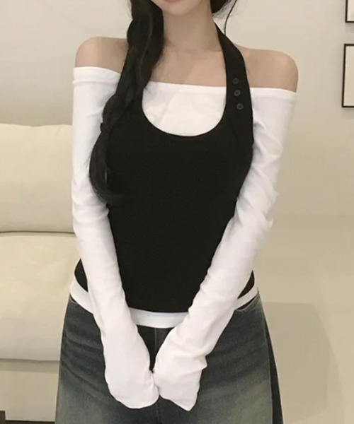 VIVID LADY(ビビッドレディー)の「ボタンホルターネックxオフショルダートップス アンサンブル(アンサンブル・レディース・ブラック系1/グレー/ブラック系2/カーキ・FREE)」の18枚目の写真