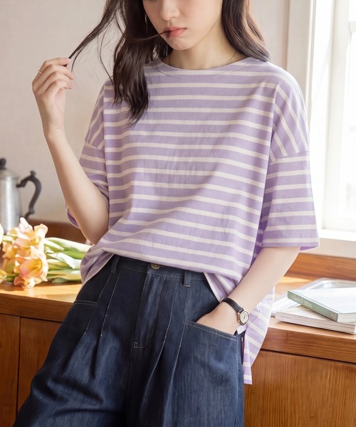 SETUP7(セットアップセブン)の「【SETUP7】ボーダーワイドシルエット半袖プルオーバー SPD(Tシャツ/カットソー・レディース・ミント/グレー/ブルー/ラベンダー/ベージュ・FREE)」の5枚目の写真