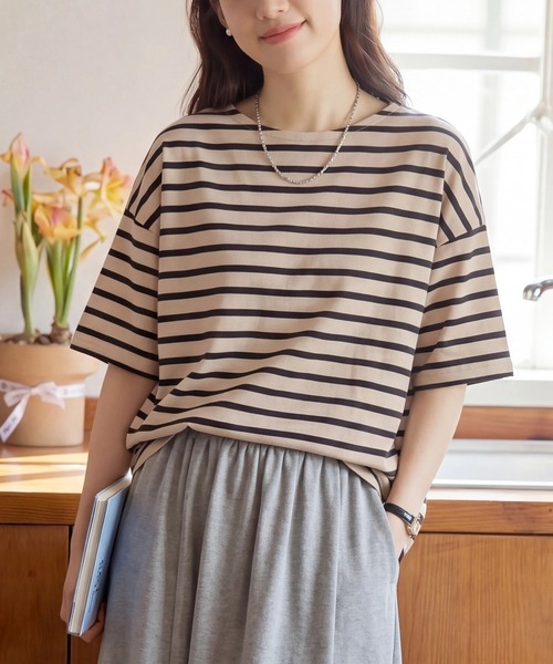 SETUP7(セットアップセブン)の「【SETUP7】ボーダーワイドシルエット半袖プルオーバー SPD(Tシャツ/カットソー・レディース・ミント/グレー/ブルー/ラベンダー/ベージュ・FREE)」の3枚目の写真