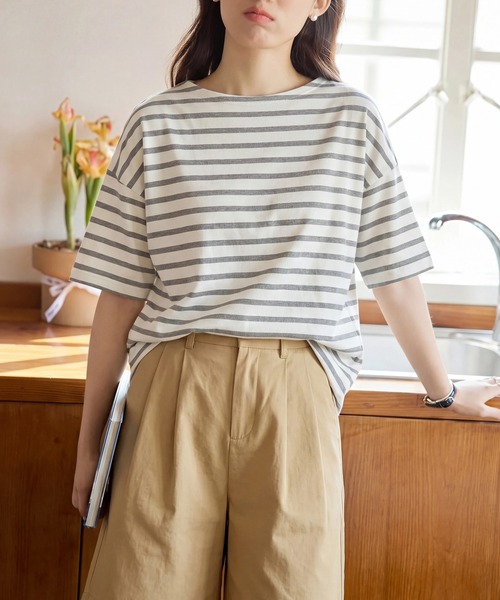 SETUP7(セットアップセブン)の「【SETUP7】ボーダーワイドシルエット半袖プルオーバー SPD(Tシャツ/カットソー・レディース・ミント/グレー/ブルー/ラベンダー/ベージュ・FREE)」の2枚目の写真