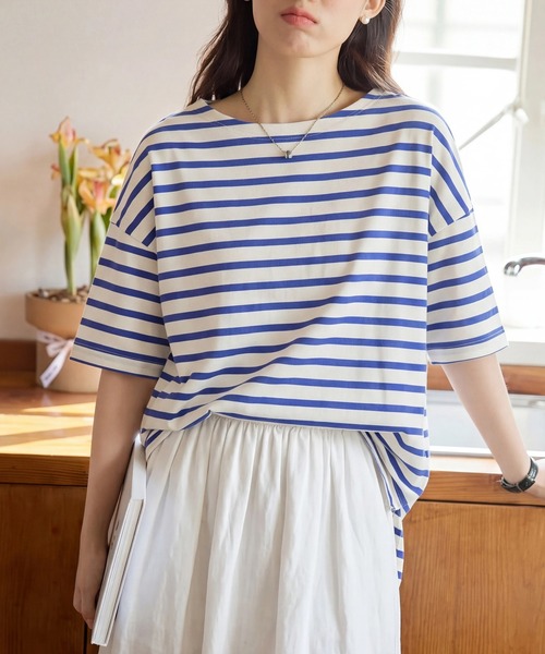 SETUP7(セットアップセブン)の「【SETUP7】ボーダーワイドシルエット半袖プルオーバー SPD(Tシャツ/カットソー・レディース・ミント/グレー/ブルー/ラベンダー/ベージュ・FREE)」の4枚目の写真