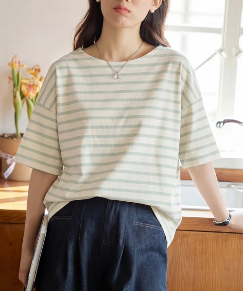 SETUP7(セットアップセブン)の「【SETUP7】ボーダーワイドシルエット半袖プルオーバー SPD(Tシャツ/カットソー・レディース・ミント/グレー/ブルー/ラベンダー/ベージュ・FREE)」の1枚目の写真