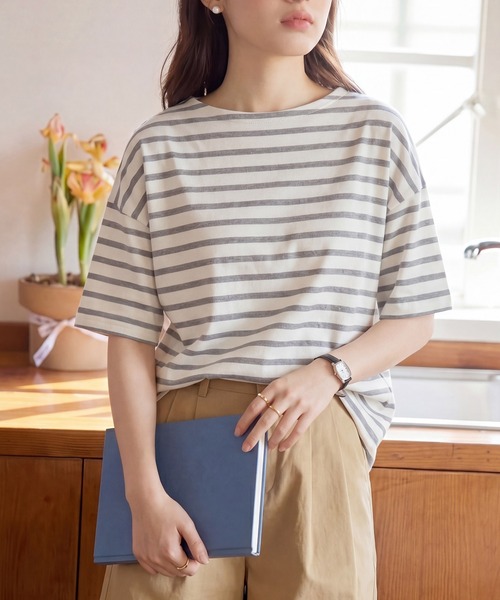 SETUP7(セットアップセブン)の「【SETUP7】ボーダーワイドシルエット半袖プルオーバー SPD(Tシャツ/カットソー・レディース・ミント/グレー/ブルー/ラベンダー/ベージュ・FREE)」の7枚目の写真