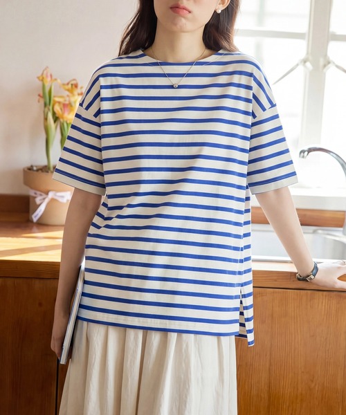 SETUP7(セットアップセブン)の「【SETUP7】ボーダーワイドシルエット半袖プルオーバー SPD(Tシャツ/カットソー・レディース・ミント/グレー/ブルー/ラベンダー/ベージュ・FREE)」の12枚目の写真