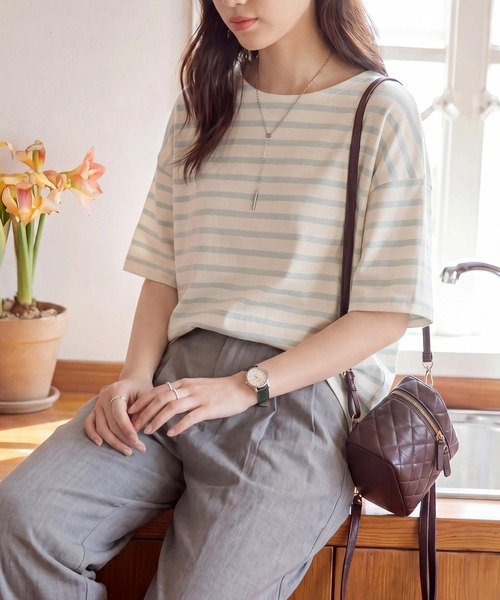 SETUP7(セットアップセブン)の「【SETUP7】ボーダーワイドシルエット半袖プルオーバー SPD(Tシャツ/カットソー・レディース・ミント/グレー/ブルー/ラベンダー/ベージュ・FREE)」の11枚目の写真