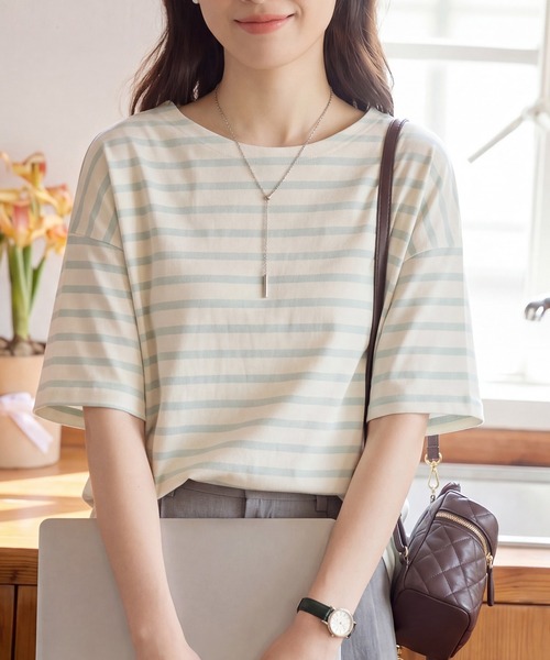 SETUP7(セットアップセブン)の「【SETUP7】ボーダーワイドシルエット半袖プルオーバー SPD(Tシャツ/カットソー・レディース・ミント/グレー/ブルー/ラベンダー/ベージュ・FREE)」の10枚目の写真