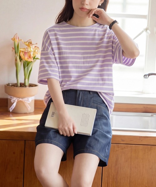 SETUP7(セットアップセブン)の「【SETUP7】ボーダーワイドシルエット半袖プルオーバー SPD(Tシャツ/カットソー・レディース・ミント/グレー/ブルー/ラベンダー/ベージュ・FREE)」の14枚目の写真