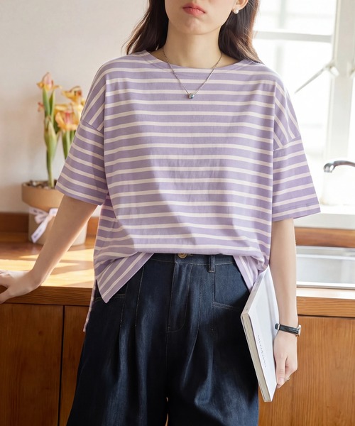 SETUP7(セットアップセブン)の「【SETUP7】ボーダーワイドシルエット半袖プルオーバー SPD(Tシャツ/カットソー・レディース・ミント/グレー/ブルー/ラベンダー/ベージュ・FREE)」の15枚目の写真