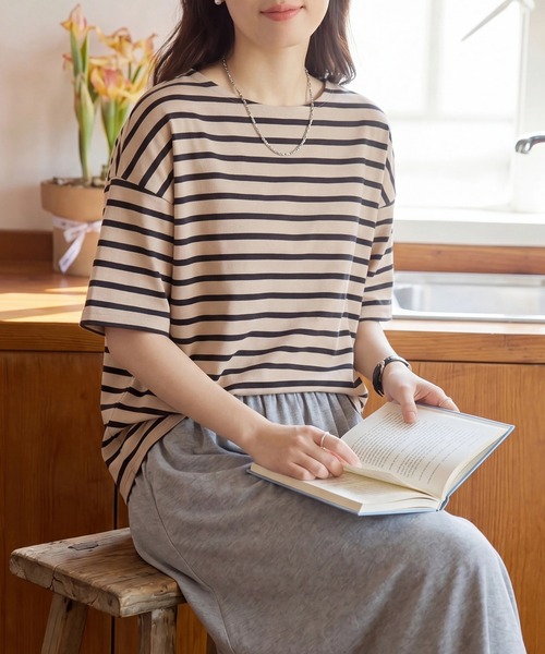 SETUP7(セットアップセブン)の「【SETUP7】ボーダーワイドシルエット半袖プルオーバー SPD(Tシャツ/カットソー・レディース・ミント/グレー/ブルー/ラベンダー/ベージュ・FREE)」の9枚目の写真