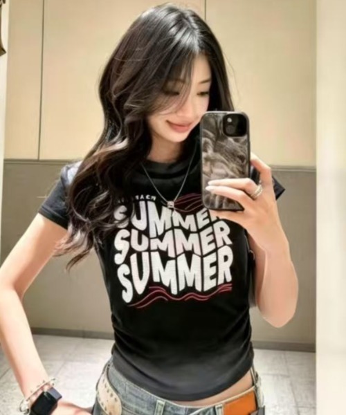 Lis ardent(リスアルダン)の「summer色落ち風レトロ ロゴ配色リンガーTシャツ / ヴィンテージ風コンパクトトップス(Tシャツ/カットソー・レディース・グレー/ブラック/ホワイト・M)」の4枚目の写真