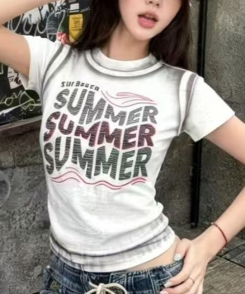 Lis ardent(リスアルダン)の「summer色落ち風レトロ ロゴ配色リンガーTシャツ / ヴィンテージ風コンパクトトップス(Tシャツ/カットソー・レディース・グレー/ブラック/ホワイト・M)」の5枚目の写真