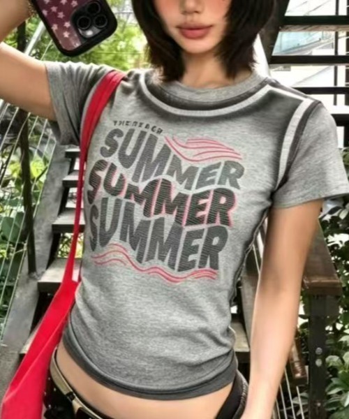 Lis ardent(リスアルダン)の「summer色落ち風レトロ ロゴ配色リンガーTシャツ / ヴィンテージ風コンパクトトップス(Tシャツ/カットソー・レディース・グレー/ブラック/ホワイト・M)」の10枚目の写真