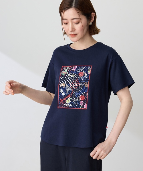 Petit Honfleur(プチオンフルール)の「【イラストレーターコラボ】ドットモチーフプリントTシャツ【接触冷感・UVカット・オーガニックコットンブレンド】(Tシャツ/カットソー・レディース・ホワイト/ネイビー・M/L)」の2枚目の写真