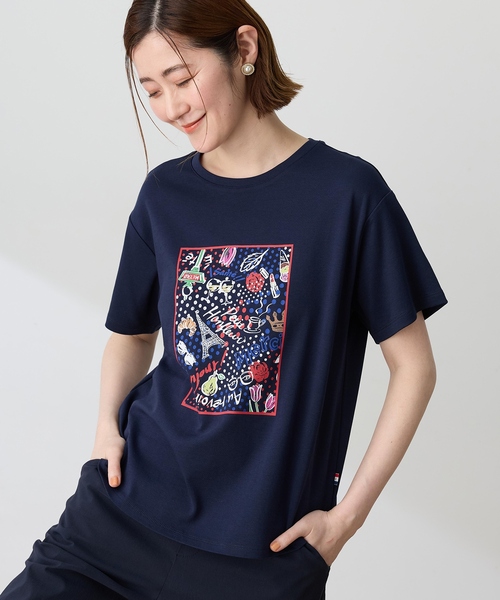 Petit Honfleur(プチオンフルール)の「【イラストレーターコラボ】ドットモチーフプリントTシャツ【接触冷感・UVカット・オーガニックコットンブレンド】(Tシャツ/カットソー・レディース・ホワイト/ネイビー・M/L)」の3枚目の写真