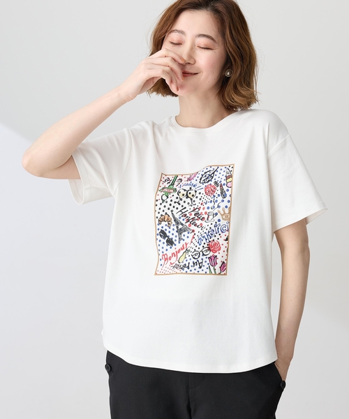 Petit Honfleur(プチオンフルール)の「【イラストレーターコラボ】ドットモチーフプリントTシャツ【接触冷感・UVカット・オーガニックコットンブレンド】(Tシャツ/カットソー・レディース・ホワイト/ネイビー・M/L)」の7枚目の写真