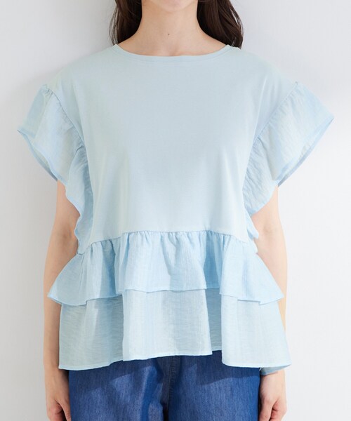 SHOO・LA・RUE(シューラルー)の「【S-LL/洗濯機可】着るだけで決まる 主役級フリルトップス(Tシャツ/カットソー・レディース・ブラック/サックスブルー/キャメル・03/01/02/04)」の7枚目の写真