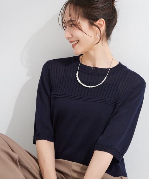 SHOO・LA・RUE(シューラルー)の「【S-LL/二の腕カバー】品よく決まる 5分袖デザインニット(ニット/セーター・レディース・ライトグレー/ブラウン系その他/ネイビー・01/02/03/04)」の3枚目の写真
