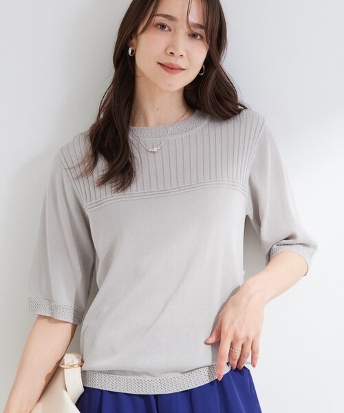 SHOO・LA・RUE(シューラルー)の「【S-LL/二の腕カバー】品よく決まる 5分袖デザインニット(ニット/セーター・レディース・ライトグレー/ブラウン系その他/ネイビー・01/02/03/04)」の1枚目の写真