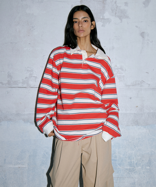 WAARFORWOMAN(ワール・フォー・ウーマン)の「WT-48 ラグビーストライプシャツ(4colors)(ポロシャツ・レディース・レッド/ネイビー/グレー系/スカイブルー・FREE)」の11枚目の写真