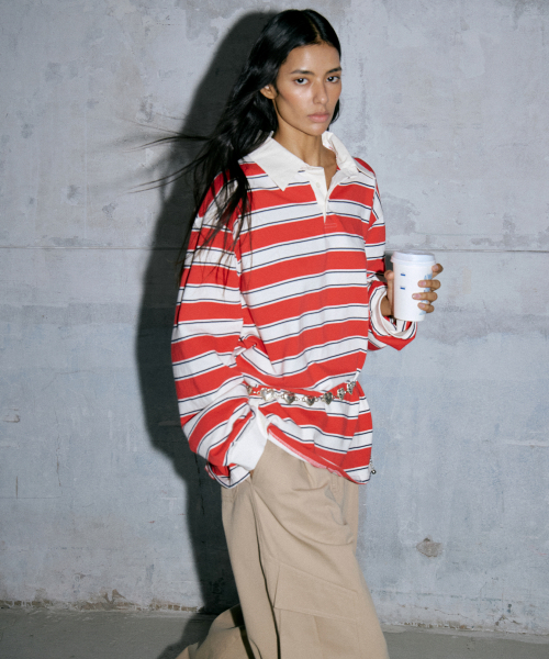 WAARFORWOMAN(ワール・フォー・ウーマン)の「WT-48 ラグビーストライプシャツ(4colors)(ポロシャツ・レディース・レッド/ネイビー/グレー系/スカイブルー・FREE)」の12枚目の写真