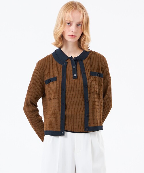 MACKINTOSH PHILOSOPHY(マッキントッシュ フィロソフィー)の「【ROYTON(ロイトン)】シアーミニケーブルニット(カーディガン/ボレロ・レディース・ライトイエロー/ダークネイビー/ブラウン・38)」の1枚目の写真