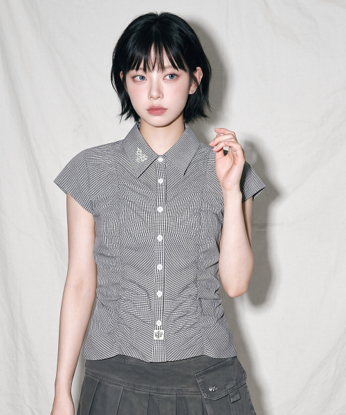 THE GREEN LAB（ザグリーンラボ）の「チェックシャーリング半袖ブラウス[ホワイト]（シャツ/ブラウス・レディース・その他・FREE）」の2枚目の写真
