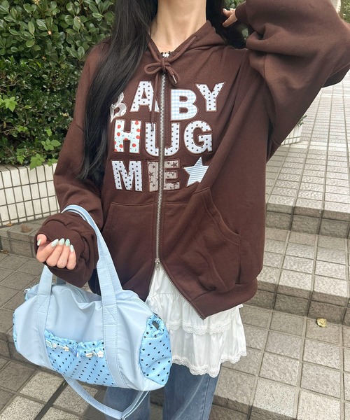 WC(ダブル シー)の「《万能アイテム★》パッチワークメッセージパーカー(パーカー・レディース・ピンク/グレー/ブラウン・FREE)」の9枚目の写真