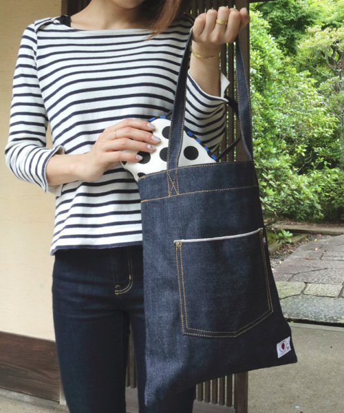 デニムトートバッグ　　井原デニム　　部分本皮　男女共用　横長　A4 OK デニムトートバッグ　　井原デニム　　部分本皮　男女共用　横長　A4 OK