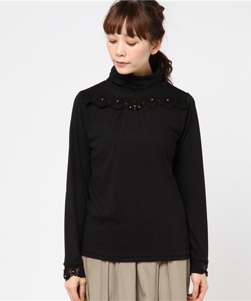 axes femme(アクシーズファム)の「立体花モチーフタートル(Tシャツ/カットソー・レディース・ブルー/ダークグリーン/ブラック/キャメル/キナリ/ピンク・MEDIUM/LARGE)」の7枚目の写真