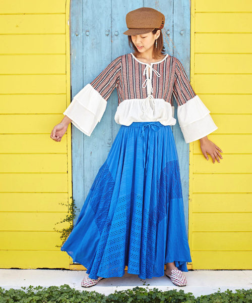 チャイハネ（チャイハネ）の「【チャイハネ】レースパッチワークスカート（スカート・レディース・オレンジ/ネイビー/ホワイト/ブルー/パープル/ピンク/ライトブルー/ブラック/レッド/グリーン/ダークパープル/イエロー・FREE）」の4枚目の写真