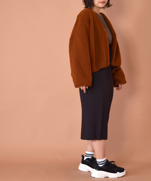 w closet（ダブルクローゼット）の「【WEB限定】ブークレショート丈ジャケット_（ノーカラージャケット・レディース・キャメル/ベージュ/グレー・FREE）」の5枚目の写真