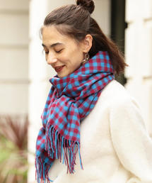 アソースメレ 大判ストール 青x黒　ブロックチェック　カシミア　大判ストール 送料 無料ファッション - アソースメレ 大判ストール 青x黒 ブロック