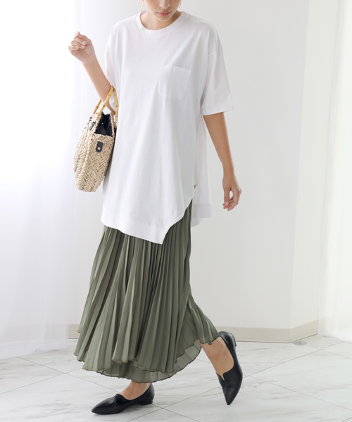 classicalelf（クラシカルエルフ）の「アシンメトリービッグシルエットミドル丈無地クルーネックTシャツ(半袖)（Tシャツ/カットソー・レディース・ホワイト/ブラック/杢グレー/ベージュ/ブラウン/グレイッシュベージュ/グレー系その他/ライトグリーン・MEDIUM/LARGE/X-LARGE/XX-LARGE/SMALL）」の11枚目の写真