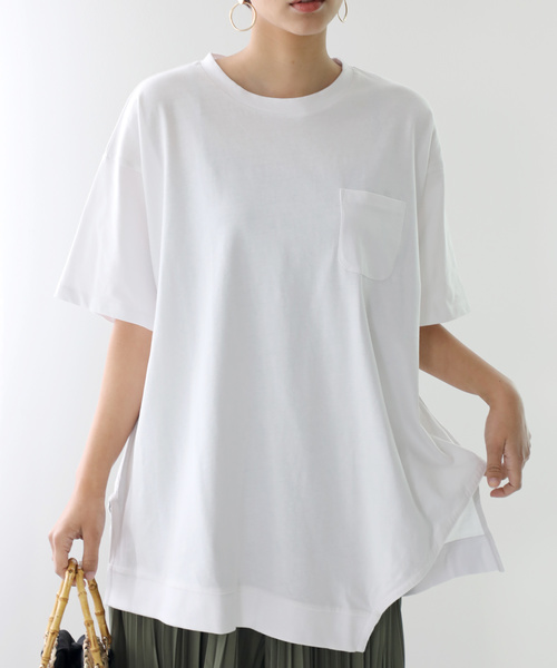 classicalelf（クラシカルエルフ）の「アシンメトリービッグシルエットミドル丈無地クルーネックTシャツ(半袖)（Tシャツ/カットソー・レディース・ホワイト/ブラック/杢グレー/ベージュ/ブラウン/グレイッシュベージュ/グレー系その他/ライトグリーン・MEDIUM/LARGE/X-LARGE/XX-LARGE/SMALL）」の14枚目の写真