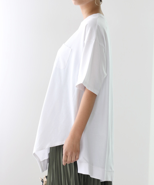 classicalelf（クラシカルエルフ）の「アシンメトリービッグシルエットミドル丈無地クルーネックTシャツ(半袖)（Tシャツ/カットソー・レディース・ホワイト/ブラック/杢グレー/ベージュ/ブラウン/グレイッシュベージュ/グレー系その他/ライトグリーン・MEDIUM/LARGE/X-LARGE/XX-LARGE/SMALL）」の15枚目の写真