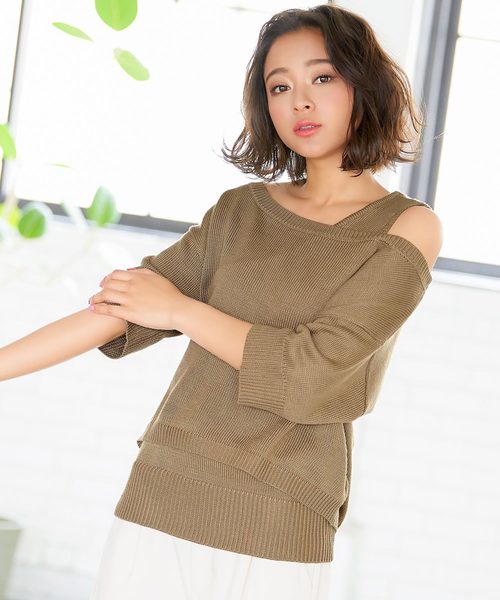 KOBE LETTUCE(コウベレタス)の「ワンショルダータンクトップ+サマーニットプルオーバー2点セット(ニット/セーター・レディース・ブラック/ベージュ/オフホワイト/グリーン系その他・FREE)」の1枚目の写真