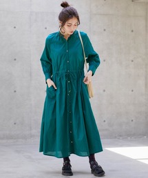 インド綿キャンブリック バックプリーツ フレア シャツワンピース
