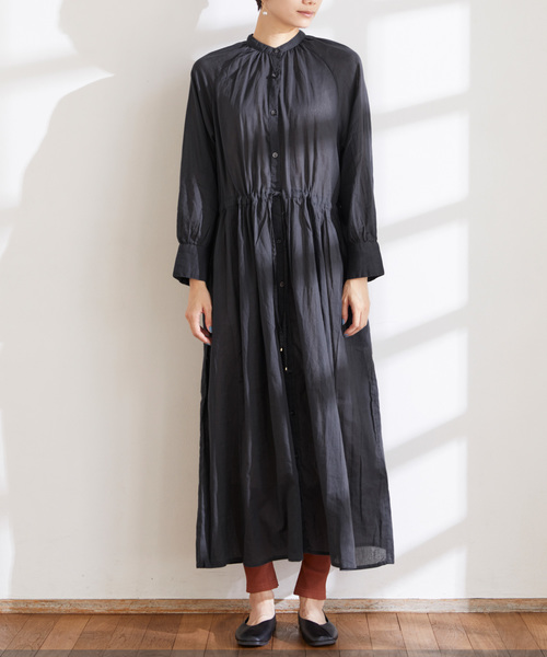 Chaco closet(チャコ クローゼット)の「インド綿キャンブリック バックプリーツ フレア シャツワンピース(ワンピース・レディース・ダークグリーン/パープル/レッド系その他/ストライプ/チャコール・M)」の6枚目の写真