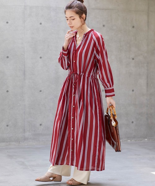 Chaco closet(チャコ クローゼット)の「インド綿キャンブリック バックプリーツ フレア シャツワンピース(ワンピース・レディース・ダークグリーン/パープル/レッド系その他/ストライプ/チャコール・M)」の16枚目の写真