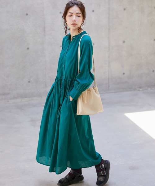 Chaco closet(チャコ クローゼット)の「インド綿キャンブリック バックプリーツ フレア シャツワンピース(ワンピース・レディース・ダークグリーン/パープル/レッド系その他/ストライプ/チャコール・M)」の14枚目の写真