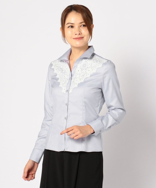 NARACAMICIE(ナラカミーチェ)の「先染めへリーンボーン胸元レース使い長袖ブラウス(シャツ/ブラウス・レディース・ホワイト/ライトグレー・SMALL/MEDIUM/LARGE)」の16枚目の写真