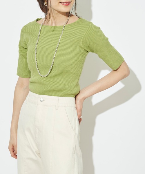 prose verse（プロズヴェール）の「ボートネック半袖リブニットプルオーバー（ニット/セーター・レディース・ブラック/パープル/アイボリー/グレイッシュベージュ/ライム・ﾌﾘ-）」の5枚目の写真