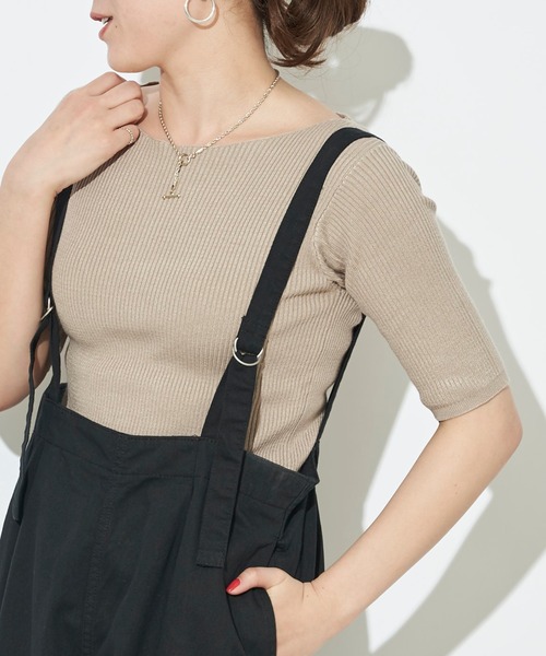 prose verse（プロズヴェール）の「ボートネック半袖リブニットプルオーバー（ニット/セーター・レディース・ブラック/パープル/アイボリー/グレイッシュベージュ/ライム・ﾌﾘ-）」の4枚目の写真