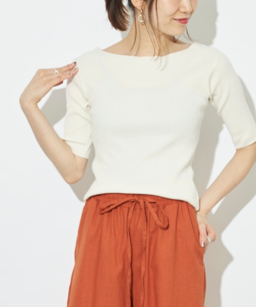 prose verse（プロズヴェール）の「ボートネック半袖リブニットプルオーバー（ニット/セーター・レディース・ブラック/パープル/アイボリー/グレイッシュベージュ/ライム・ﾌﾘ-）」の2枚目の写真