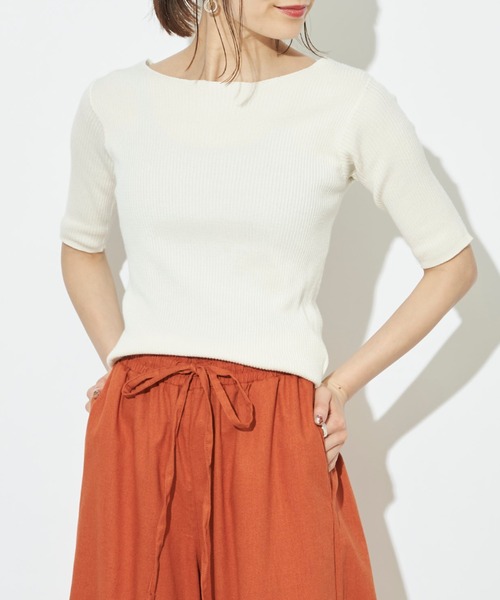 prose verse（プロズヴェール）の「ボートネック半袖リブニットプルオーバー（ニット/セーター・レディース・ブラック/パープル/アイボリー/グレイッシュベージュ/ライム・ﾌﾘ-）」の8枚目の写真