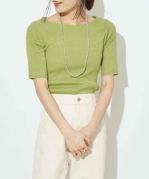 prose verse（プロズヴェール）の「ボートネック半袖リブニットプルオーバー（ニット/セーター・レディース・ブラック/パープル/アイボリー/グレイッシュベージュ/ライム・ﾌﾘ-）」の12枚目の写真