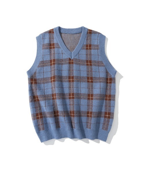 HOOK（フック）の「【HOOK】レトロ古着風チェック柄ベスト（ベスト・メンズ・ブルー/ブラウン・M/L/XL）」の8枚目の写真