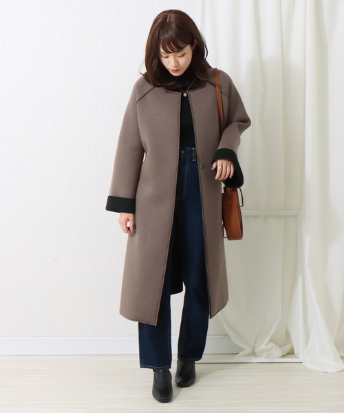 BEIGE, ベイジ ノーカラー コート モカ 4号 オンワード 小さいサイズ】フェイクスウェードノーカラーコート/洗える （ノー